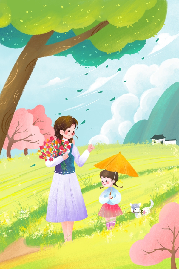 千库网_清明节清明妈妈带着女儿去扫墓手绘插画_插画编号101144.jpg